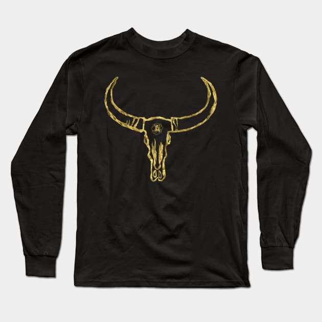 Golden Bull Skull Long Sleeve T-Shirt by Manitarka